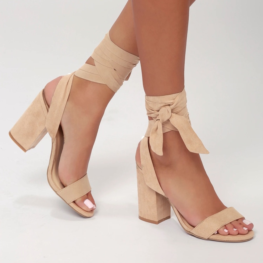Lulus Beige Lace-Up Block Heel Sandals 4”